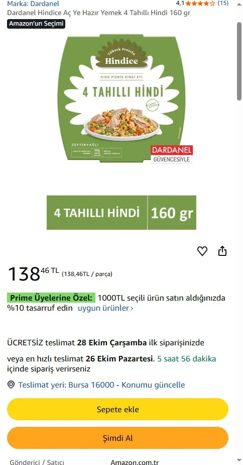 Dardanel Hindice Aç Ye Hazır Yemek 4 Tahıllı Hindi 160 gr