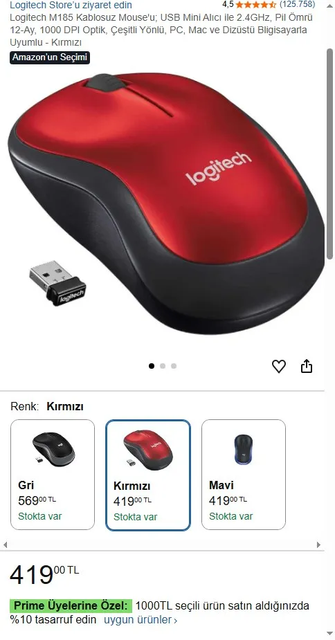 Logitech M185 Kablosuz Mouse'u; USB Mini Alıcı ile 2.4GHz, Pil Ömrü 12-Ay, 1000 DPI Optik, Çeşitli Yönlü, PC, Mac ve Dizüstü Bligisayarla Uyumlu - Kırmızı