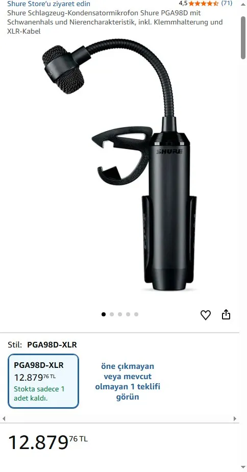 Shure Schlagzeug-Kondensatormikrofon Shure PGA98D mit Schwanenhals und Nierencharakteristik, inkl. Klemmhalterung und XLR-Kabel