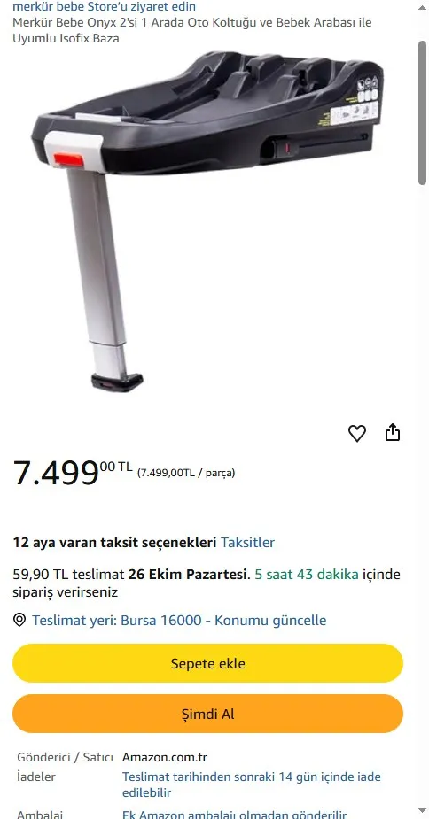 Merkür Bebe Onyx 2'si 1 Arada Oto Koltuğu ve Bebek Arabası ile Uyumlu Isofix Baza