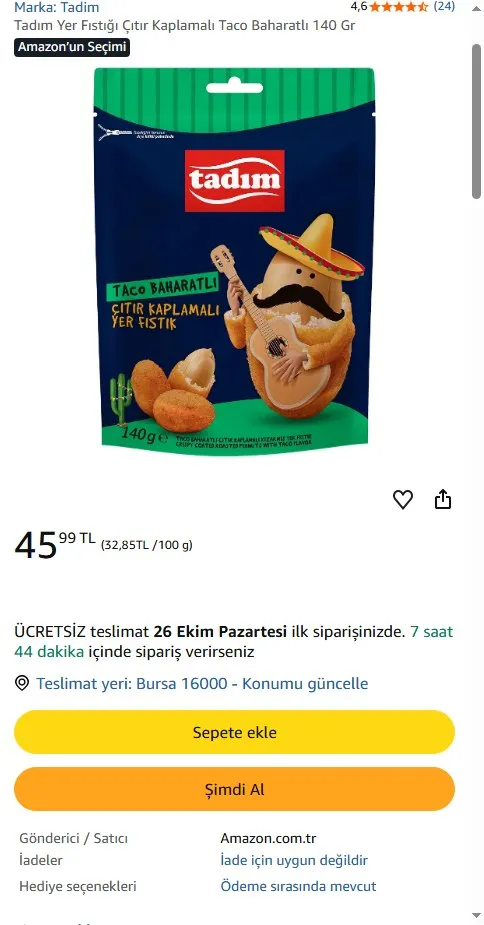Tadım Yer Fıstığı Çıtır Kaplamalı Taco Baharatlı 140 Gr