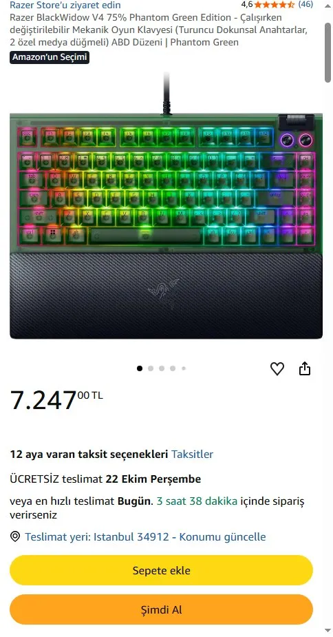 Razer BlackWidow V4 75% Phantom Green Edition - Çalışırken değiştirilebilir Mekanik Oyun Klavyesi (Turuncu Dokunsal Anahtarlar, 2 özel medya düğmeli) ABD Düzeni | Phantom Green