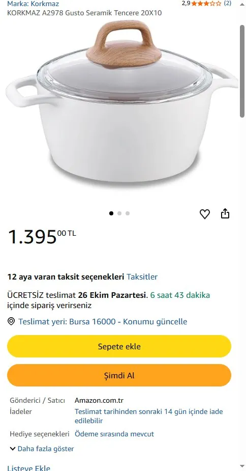 KORKMAZ A2978 Gusto Seramik Tencere 20X10