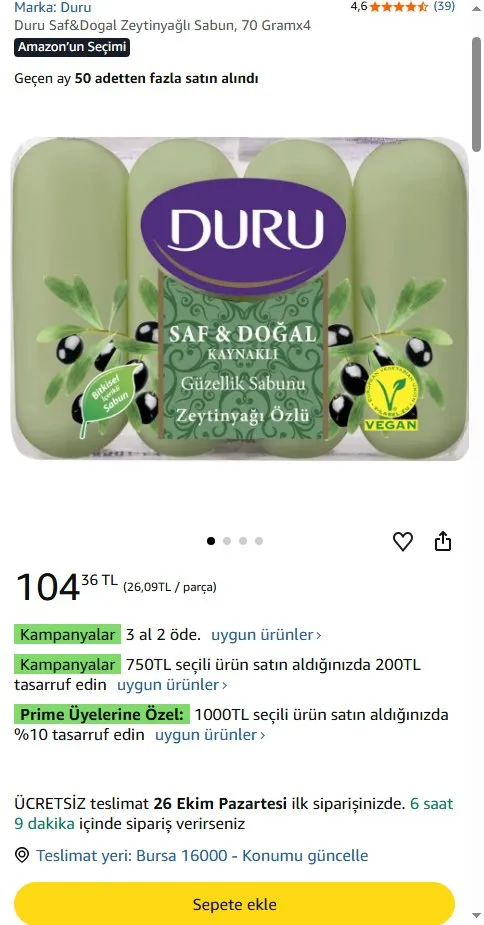 Duru Saf&Dogal Zeytinyağlı Sabun, 70 Gramx4