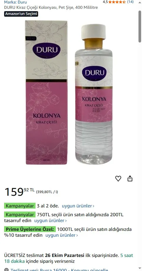 DURU Kiraz Çiçeği Kolonyası, Pet Şişe, 400 Mililitre