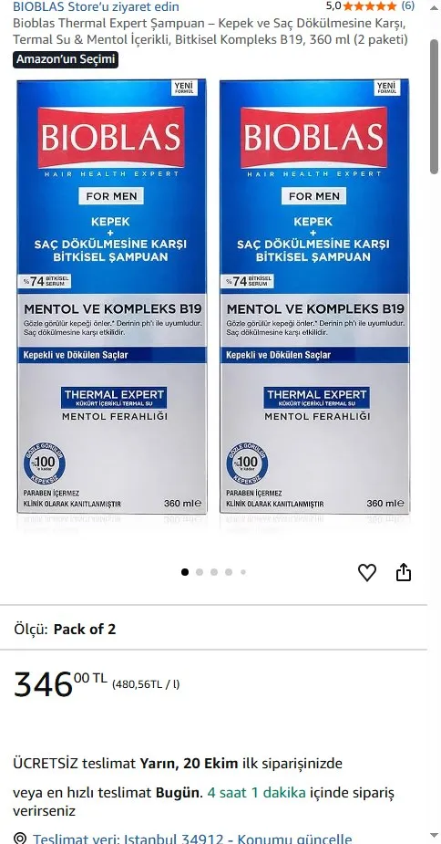 Bioblas Thermal Expert Şampuan – Kepek ve Saç Dökülmesine Karşı, Termal Su & Mentol İçerikli, Bitkisel Kompleks B19, 360 ml (2 paketi)