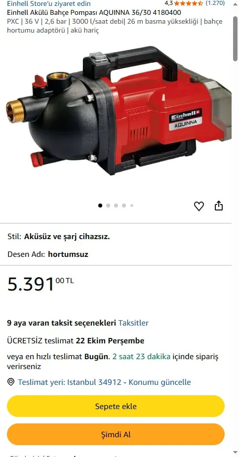 Einhell Akülü Bahçe Pompası AQUINNA 36/30 4180400