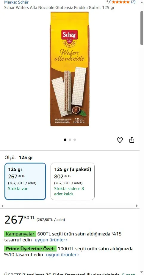 Schar Wafers Alla Nocciole Glutensiz Fındıklı Gofret 125 gr