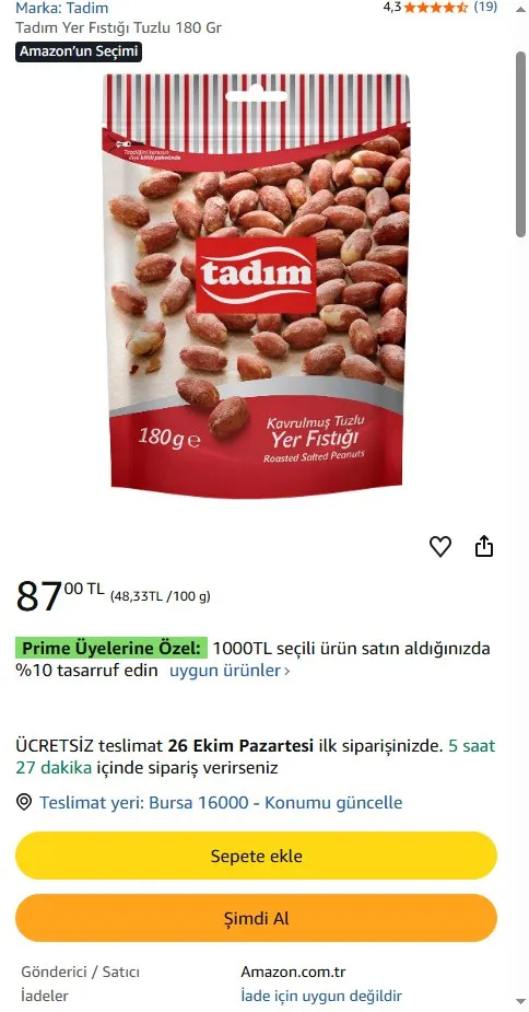 Tadım Yer Fıstığı Tuzlu 180 Gr