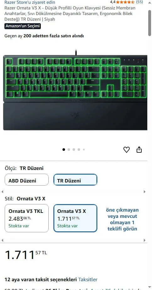 Razer Ornata V3 X - Düşük Profilli Oyun Klavyesi (Sessiz Membran Anahtarlar, Sıvı Dökülmesine Dayanıklı Tasarım, Ergonomik Bilek Desteğ) TR Düzeni | Siyah