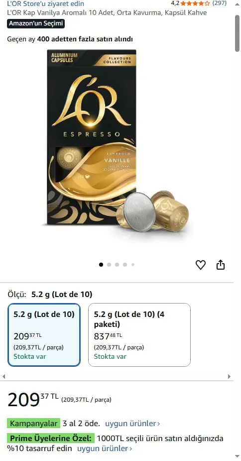 L'OR Kap Vanilya Aromalı 10 Adet, Orta Kavurma, Kapsül Kahve