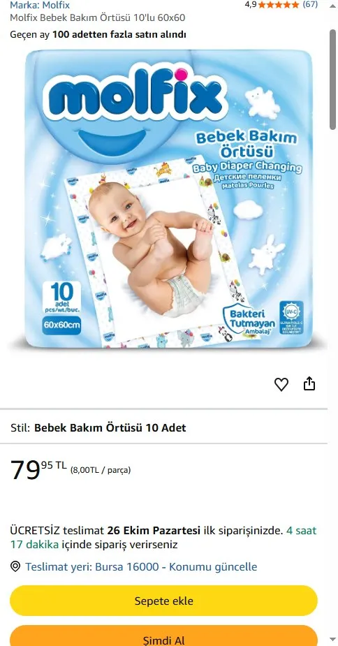 Molfix Bebek Bakım Örtüsü 10'lu 60x60