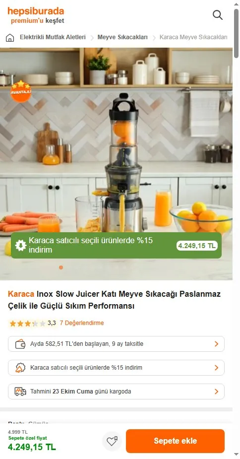 Karaca Inox Slow Juicer Katı Meyve Sıkacağı Paslanmaz Çelik ile Güçlü Sıkım Performansı
