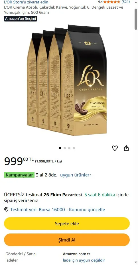 L'OR Crema Absolu Çekirdek Kahve, Yoğunluk 6, Dengeli Lezzet ve Yumuşak İçim, 500 Gram