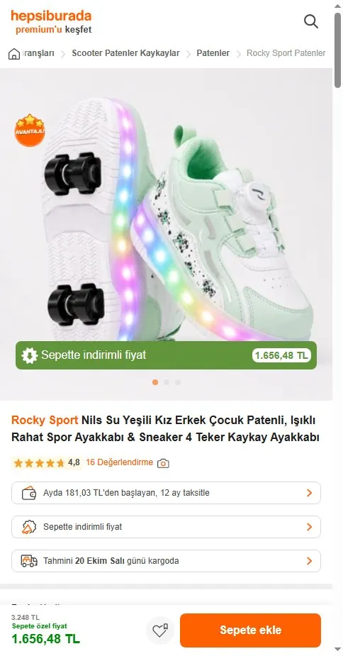 Rocky Sport Nils Su Yeşili Kız Erkek Çocuk Patenli, Işıklı Rahat Spor Ayakkabı & Sneaker 4 Teker Kaykay Ayakkabı