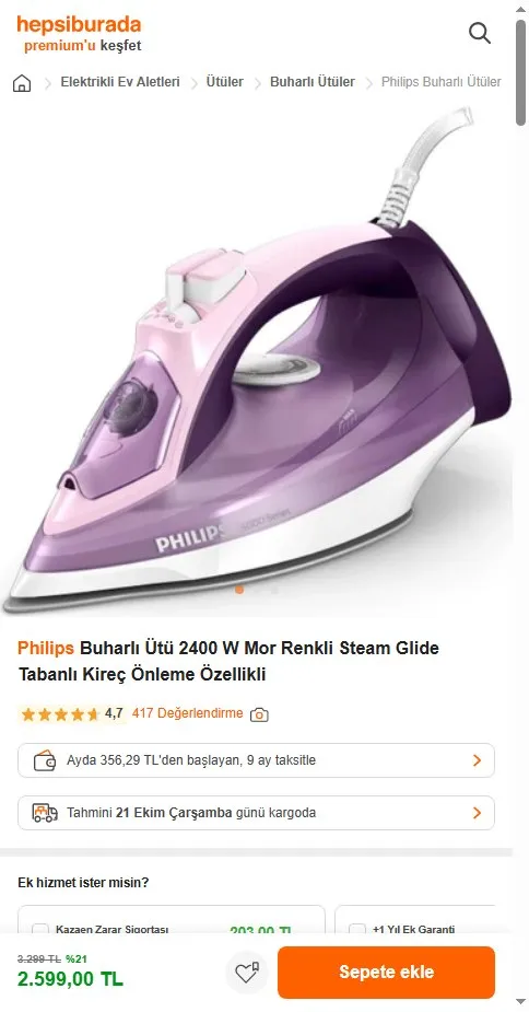 Philips Buharlı Ütü 2400 W Mor Renkli Steam Glide Tabanlı Kireç Önleme Özellikli
