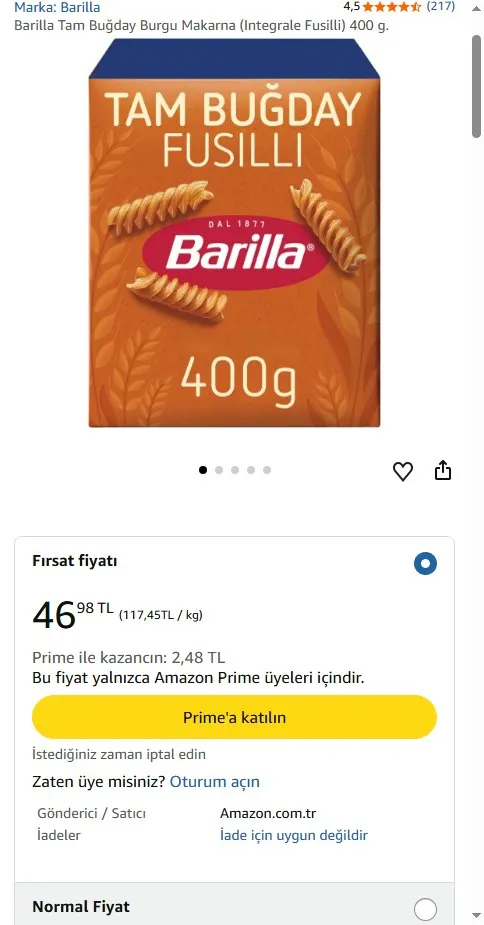 Barilla Tam Buğday Burgu Makarna (Integrale Fusilli) 400 g.