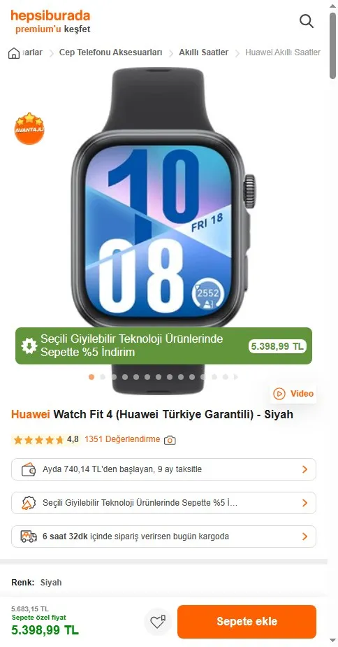 Huawei Watch Fit 4 (Huawei Türkiye Garantili) - Siyah