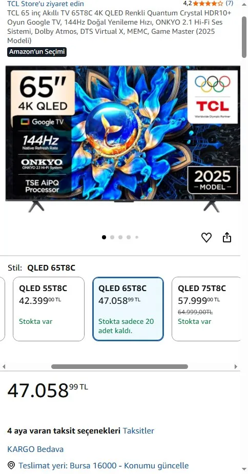 TCL 65 inç Akıllı TV 65T8C 4K QLED Renkli Quantum Crystal HDR10+ Oyun Google TV, 144Hz Doğal Yenileme Hızı, ONKYO 2.1 Hi-Fi Ses Sistemi, Dolby Atmos, DTS Virtual X, MEMC, Game Master (2025 Modeli)
