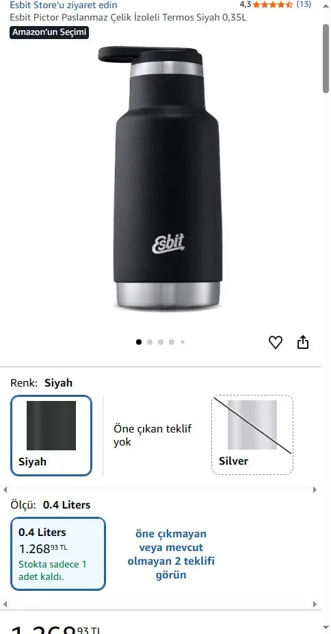 Esbit Pictor Paslanmaz Çelik İzoleli Termos Siyah 0,35L