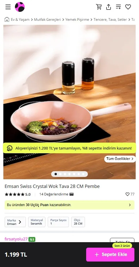 Emsan Swiss Crystal Wok Tava 28 CM Pembe