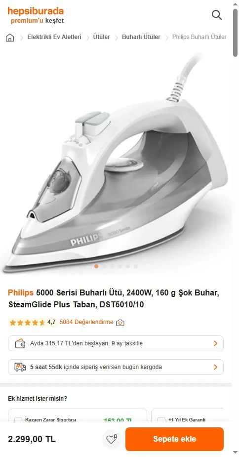 Philips 5000 Serisi Buharlı Ütü, 2400W, 160 g Şok Buhar, SteamGlide Plus Taban, DST5010/10