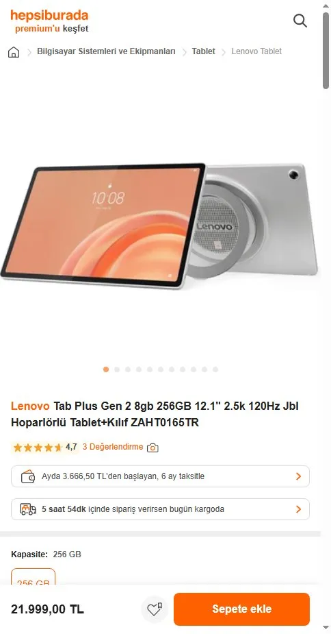 Lenovo Tab Plus Gen 2 8gb 256GB 12.1" 2.5k 120Hz Jbl Hoparlörlü Tablet+Kılıf ZAHT0165TR