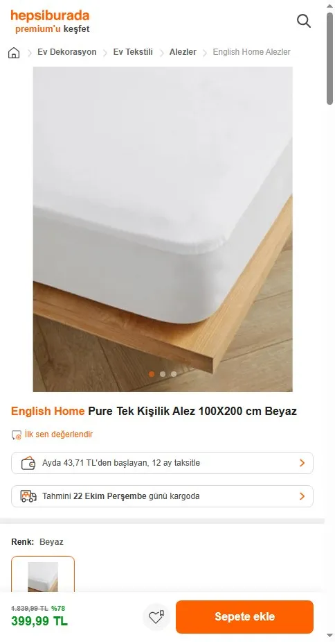 English Home Pure Tek Kişilik Alez 100X200 cm Beyaz