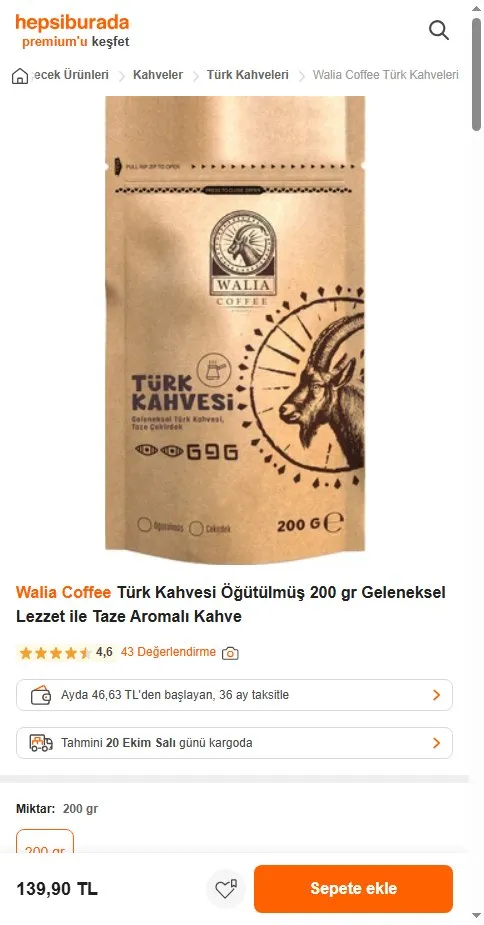 Walia Coffee Türk Kahvesi Öğütülmüş 200 gr Geleneksel Lezzet ile Taze Aromalı Kahve