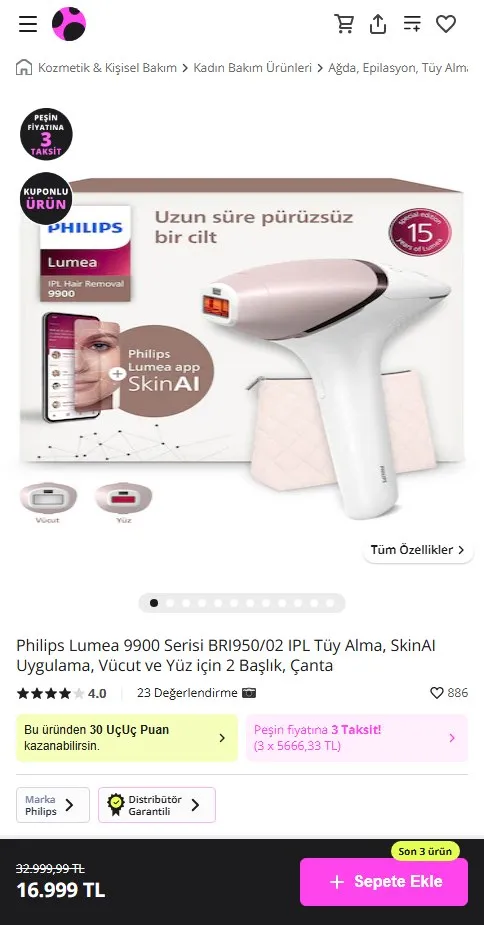 Philips Lumea 9900 Serisi BRI950/02 IPL Tüy Alma, SkinAI Uygulama, Vücut ve Yüz için 2 Başlık, Çanta