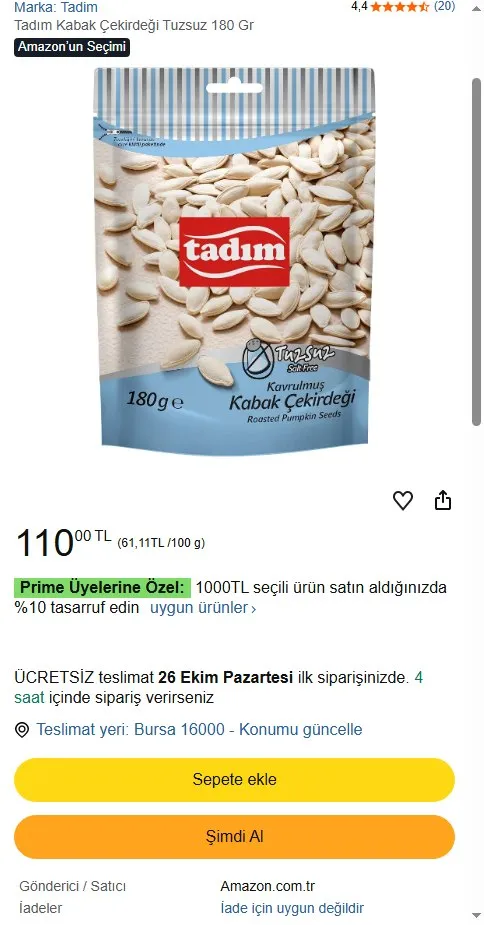 Tadım Kabak Çekirdeği Tuzsuz 180 Gr