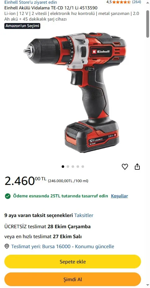 Einhell Akülü Vidalama TE-CD 12/1 Li 4513590