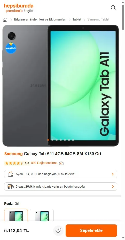 Samsung Galaxy Tab A11 4GB 64GB SM-X130 Gri