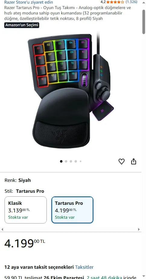 Razer Tartarus Pro - Oyun Tuş Takımı - Analog-optik düğmelere ve hızlı ateş moduna sahip oyun kumandası (32 programlanabilir düğme, özelleştirilebilir tetik noktası, 8 profil) Siyah