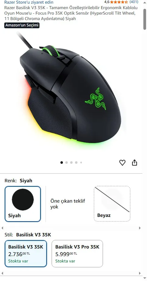 Razer Basilisk V3 35K - Tamamen Özelleştirilebilir Ergonomik Kablolu Oyun Mouse'u - Focus Pro 35K Optik Sensör (HyperScroll Tilt Wheel, 11 Bölgeli Chroma Aydınlatma) Siyah