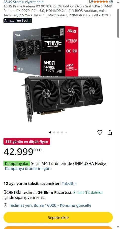 ASUS Prime Radeon RX 9070 GRE OC Edition Oyun Grafik Kartı (AMD Radeon RX 9070, PCIe 5.0, HDMI/DP 2.1, Çift BIOS Anahtarı, Axial Tech Fan, 2.5 Yuva Tasarımı, MaxContact, PRIME-RX9070GRE-O12G)