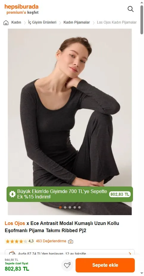 Los Ojos x Ece Antrasit Modal Kumaşlı Uzun Kollu Eşofmanlı Pijama Takımı Ribbed Pj2