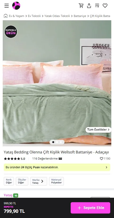 Yataş Bedding Olenna Çift Kişilik Wellsoft Battaniye - Adaçayı