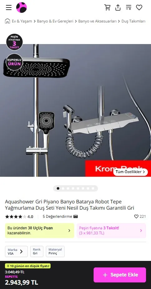 Aquashower Gri Piyano Banyo Batarya Robot Tepe Yağmurlama Duş Seti Yeni Nesil Duş Takımı Garantili Gri