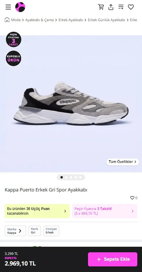 Kappa Puerto Erkek Gri Spor Ayakkabı