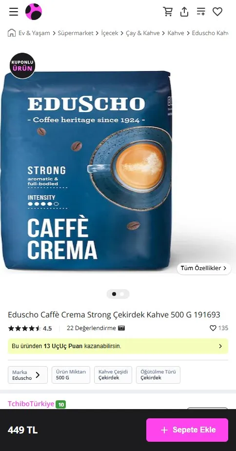 Eduscho Caffè Crema Strong Çekirdek Kahve 500 G 191693