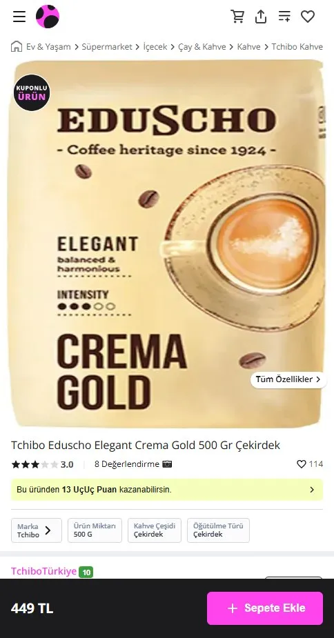 Tchibo Eduscho Elegant Crema Gold 500 Gr Çekirdek
