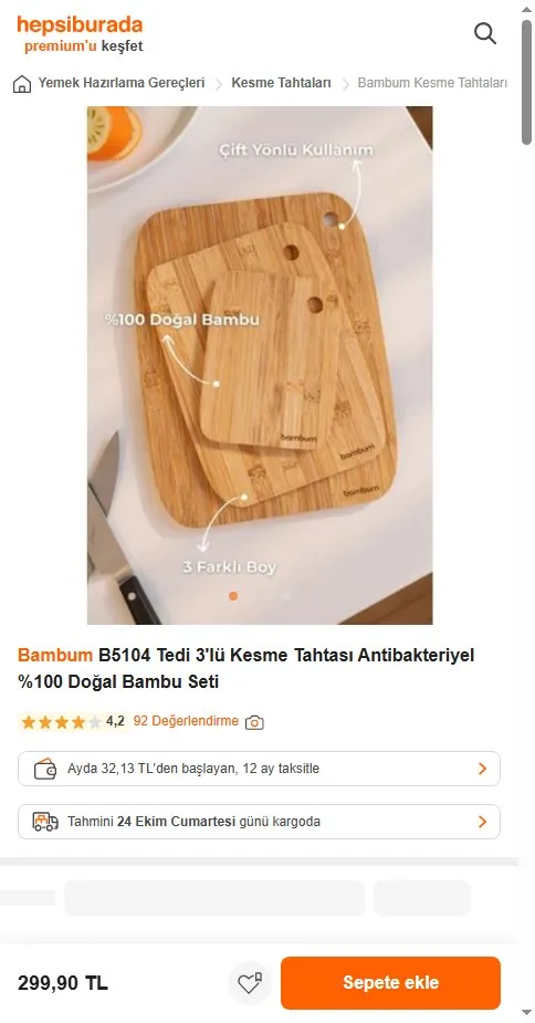 Bambum B5104 Tedi 3'lü Kesme Tahtası Antibakteriyel %100 Doğal Bambu Seti