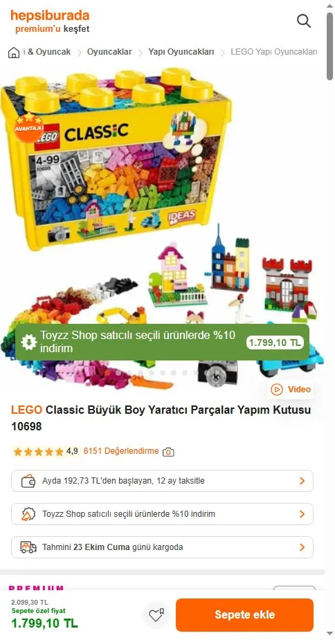 LEGO Classic Büyük Boy Yaratıcı Parçalar Yapım Kutusu 10698