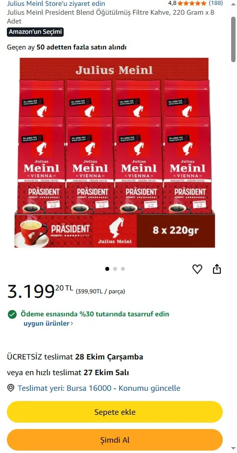 Julius Meinl President Blend Öğütülmüş Filtre Kahve, 220 Gram x 8 Adet