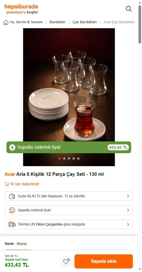 Acar Aria 6 Kişilik 12 Parça Çay Seti - 130 ml