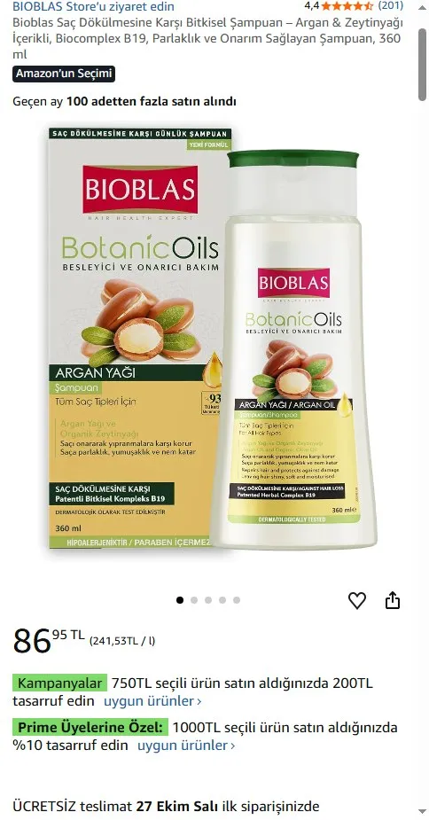 Bioblas Saç Dökülmesine Karşı Bitkisel Şampuan – Argan & Zeytinyağı İçerikli, Biocomplex B19, Parlaklık ve Onarım Sağlayan Şampuan, 360 ml