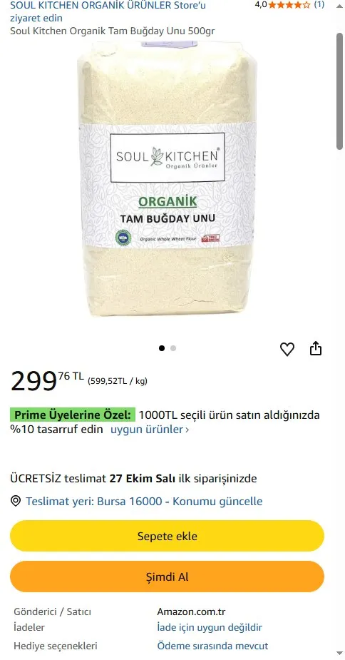 Soul Kitchen Organik Tam Buğday Unu 500gr