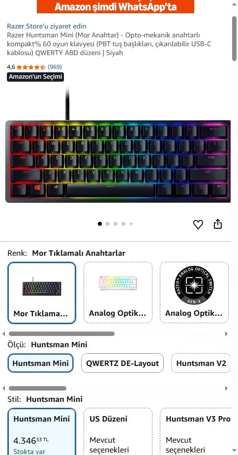 Razer Huntsman Mini (Mor Anahtar) - Opto-mekanik anahtarlı kompakt% 60 oyun klavyesi (PBT tuş başlıkları, çıkarılabilir USB-C kablosu) QWERTY ABD düzeni | Siyah
