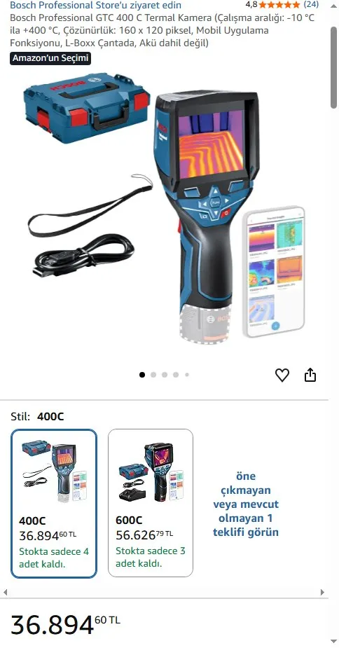 Bosch Professional GTC 400 C Termal Kamera (Çalışma aralığı: -10 °C ila +400 °C, Çözünürlük: 160 x 120 piksel, Mobil Uygulama Fonksiyonu, L-Boxx Çantada, Akü dahil değil)